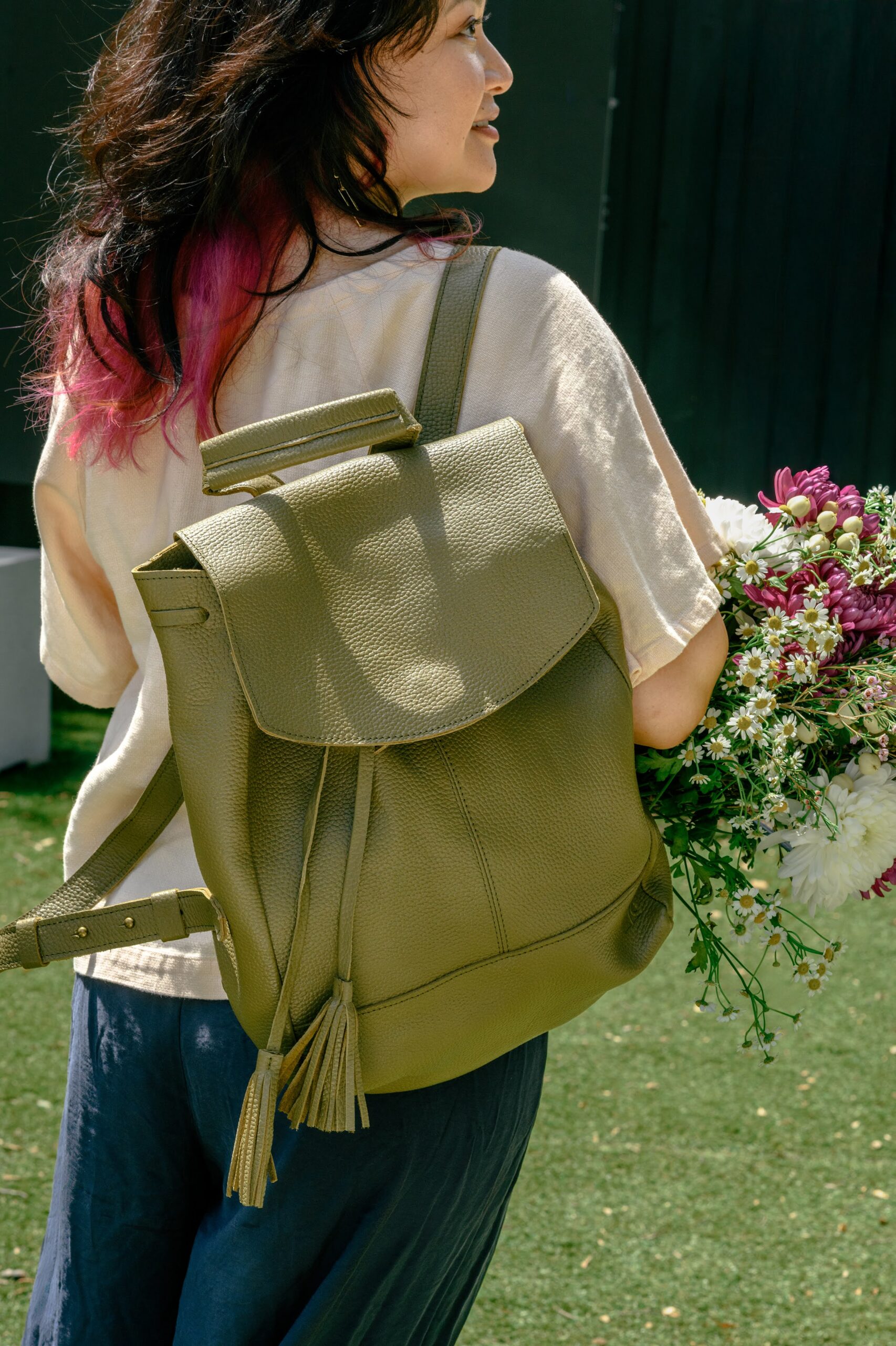 Pebbled Olive Green Leather Backpack